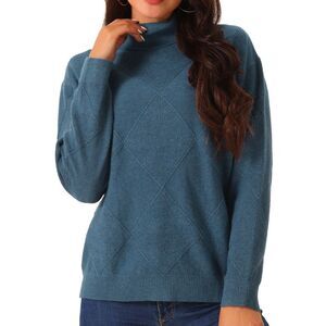 Turtleneck Long Sleeve Knitted Pullover Fall Winter Basic Jumper Top Deep Blue